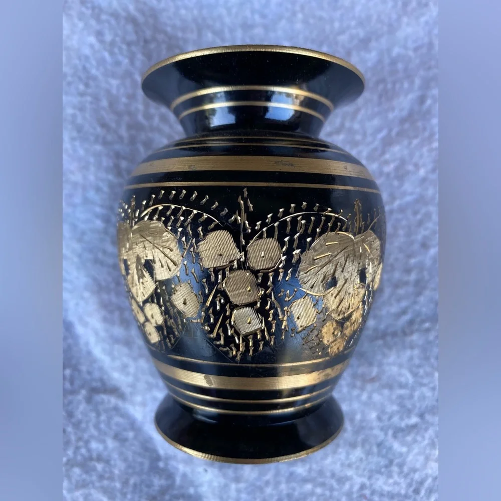 Vintage Solid Brass Vase India Hand-Crafted Decorative Floral Engraved Motif 6”